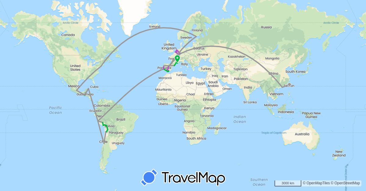 TravelMap itinerary: bus, plane, train in Belgium, Bolivia, Chile, China, Germany, Spain, Finland, France, Guatemala, Luxembourg, Mexico, Netherlands, Peru, Portugal, Taiwan, United States (Asia, Europe, North America, South America)
