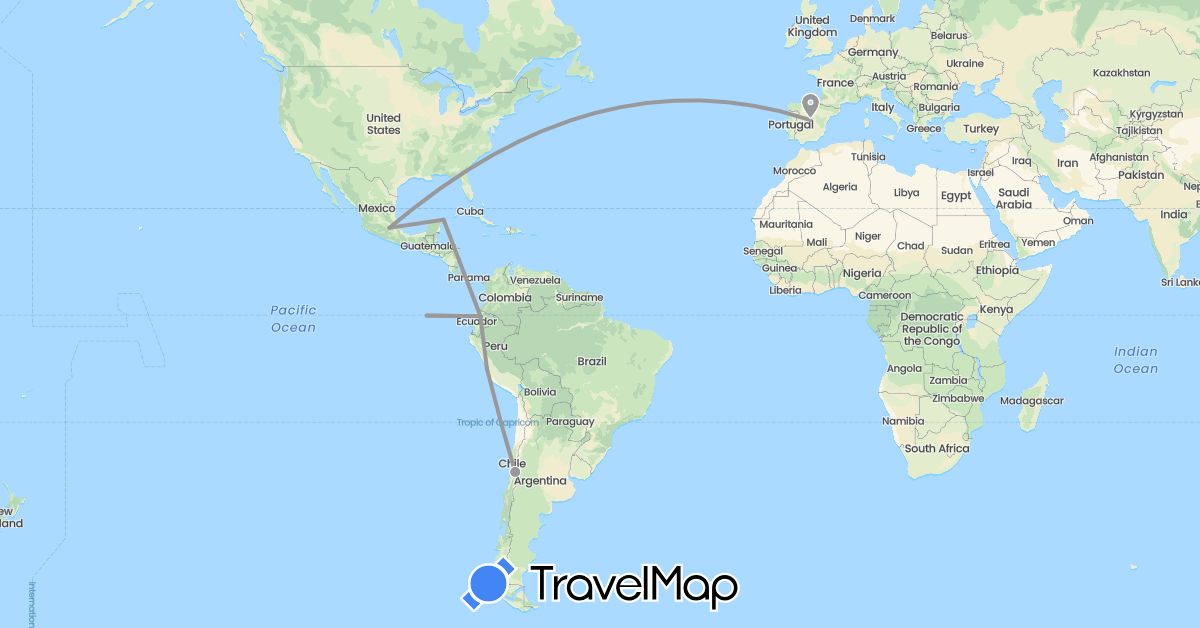TravelMap itinerary: driving, plane in Chile, Ecuador, Spain, Mexico, Peru (Europe, North America, South America)